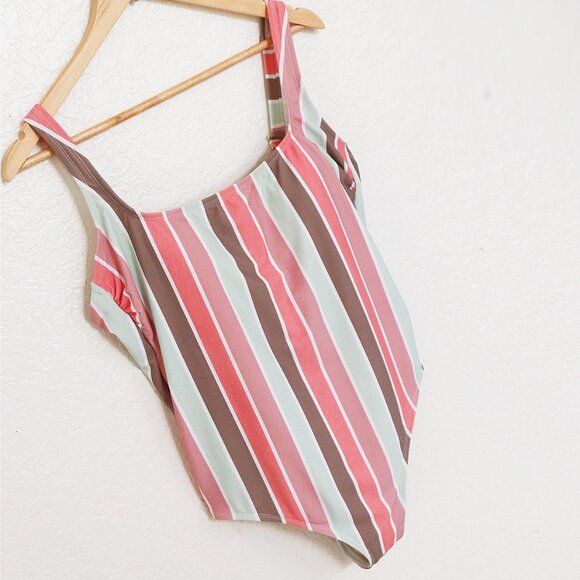 Kona Sol Scoop Neck Mint Mauve Vertical Striped Builtin Bra One Piece Swimsuit L - Picture 4 of 10